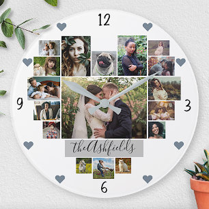 Family Photo Collage Hearts 17 Pictures Name White Large Clock