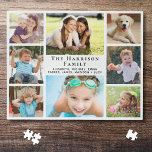 Family Photo Collage Jigsaw Puzzle<br><div class="desc">A fun jigsaw puzzle for your family game nights featuring an 8 photo collage of children,  pets,  memories,  etc.,  your family name in a stylish script and first names in simple modern typography.</div>