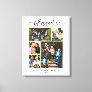 Family Photo Collage Keepsake Blessed Heart Script Canvas Print