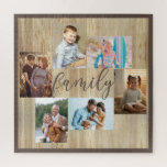 Family Photo Collage Light Woodgrain Jigsaw Puzzle<br><div class="desc">Family photo collage with 6 of your favourite photos, calligraphy and light woodgrain look frame. The photo template is ready for you to add your photos, which are displayed in landscape and portrait formats. The background colour and the word "family" are coloured brown and you are welcome to edit this...</div>