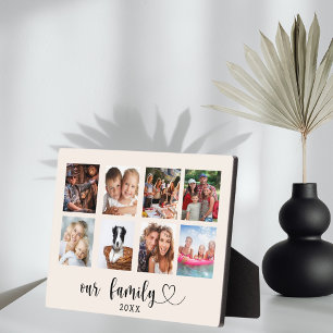 Family photo collage love heart script beige cream plaque