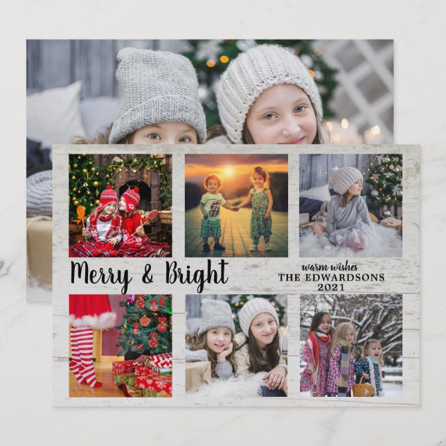 Family photo collage Merry and Bright Christmas Ho Holiday Card (Front/Back)