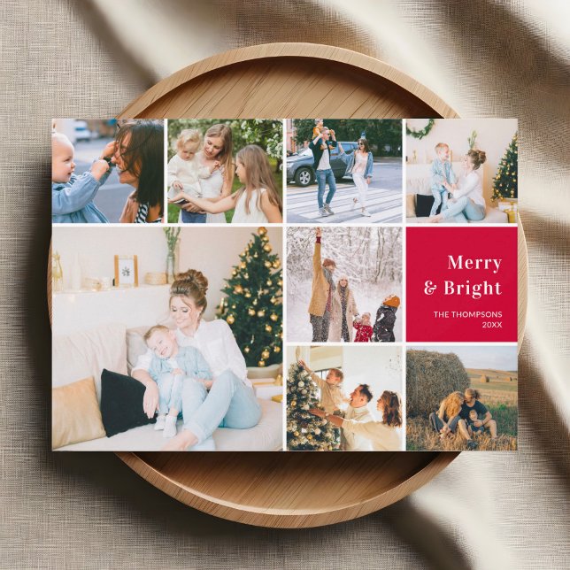 Family Photo Collage Merry And Bright Christmas Ho Holiday Card (Creator Uploaded)