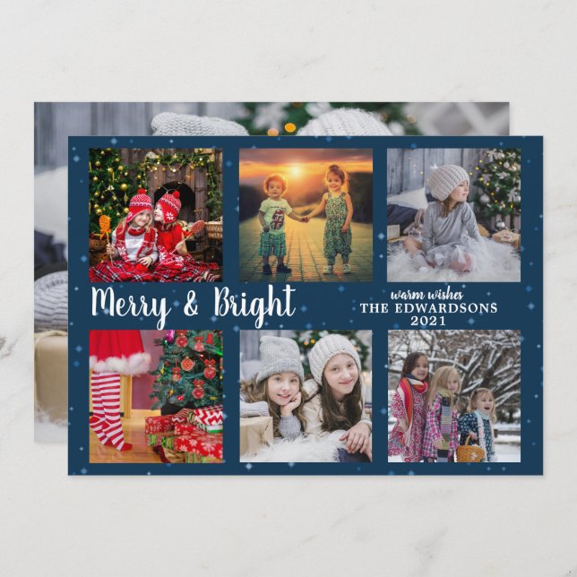 Family photo collage Merry and Bright Christmas Holiday Card (Front/Back)