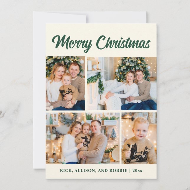 Family Photo Collage Merry Christmas Green  Holiday Card (Front)