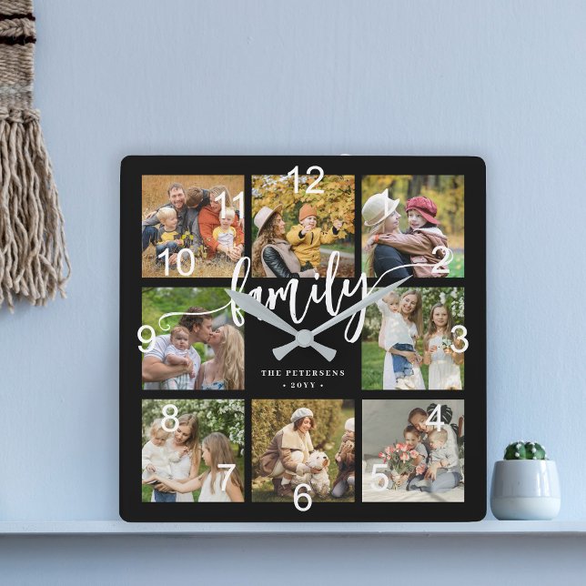 Family photo collage modern script black square wall clock (Creator Uploaded)