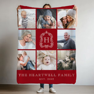 Family Photo Collage Monogram Crest Cranberry Red Fleece Blanket