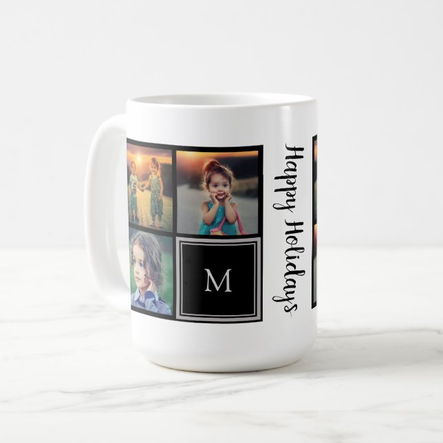 Family photo collage monogram Happy Holidays Coffee Mug (Front Left)