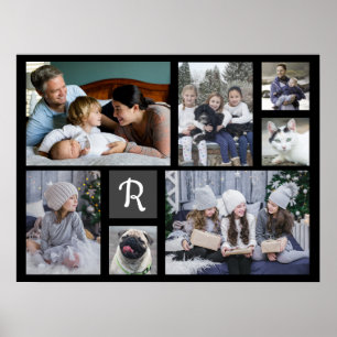 Family Photo Collage Monogrammed 7 Pictures Black Poster