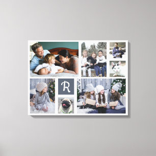 Family Photo Collage Monogrammed 7 Pictures White Canvas Print