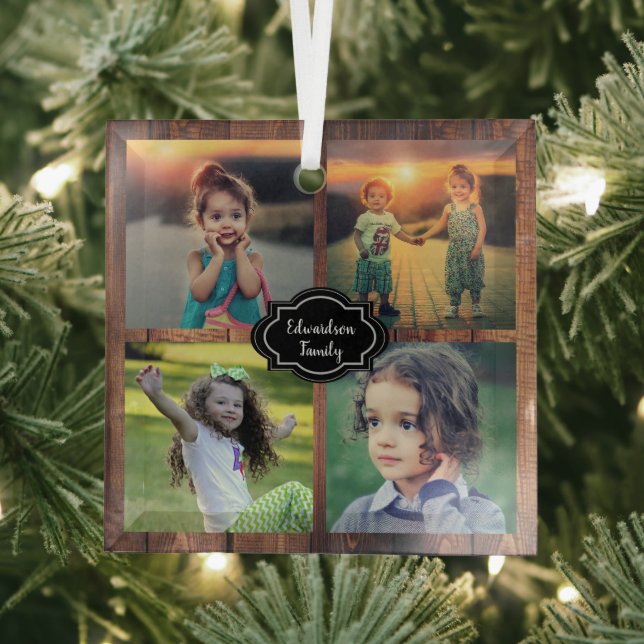 Family photo collage monogrammed glass tree decoration (Insitu)