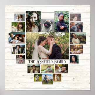 Family Photo Collage Name In Heart 20 Pics Lt Wood Poster