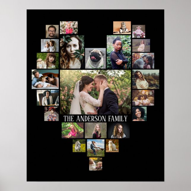 Family Photo Collage Name In Heart 25 Pics Black Poster (Front)