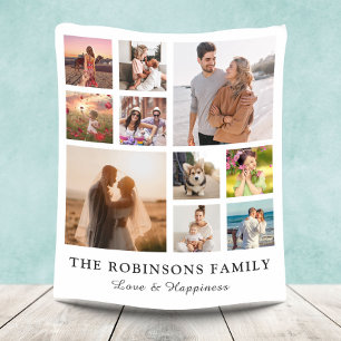 Family Photo Collage + Name White Fleece Blanket