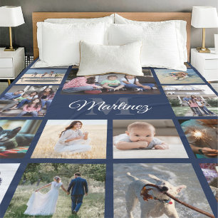 Family Photo Collage Navy Blue Modern Monogrammed Fleece Blanket