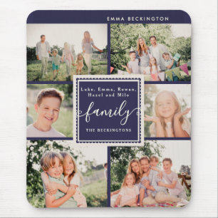 Family Photo Collage Navy Blue Personalised Mouse Pad