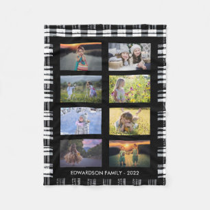 Family photo collage on buffalo plaid patterned fleece blanket