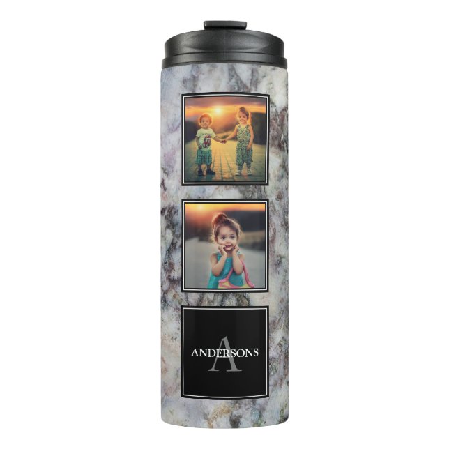 Family photo collage on grey gold marble monogram thermal tumbler (Front)