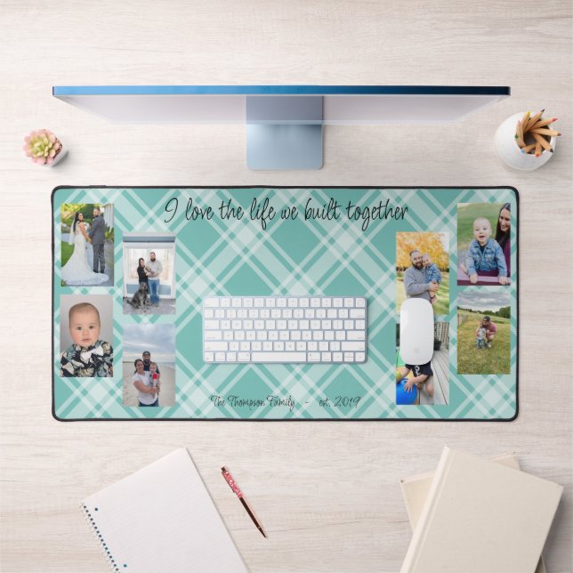Family photo collage plaid background desk mat (Office 1)