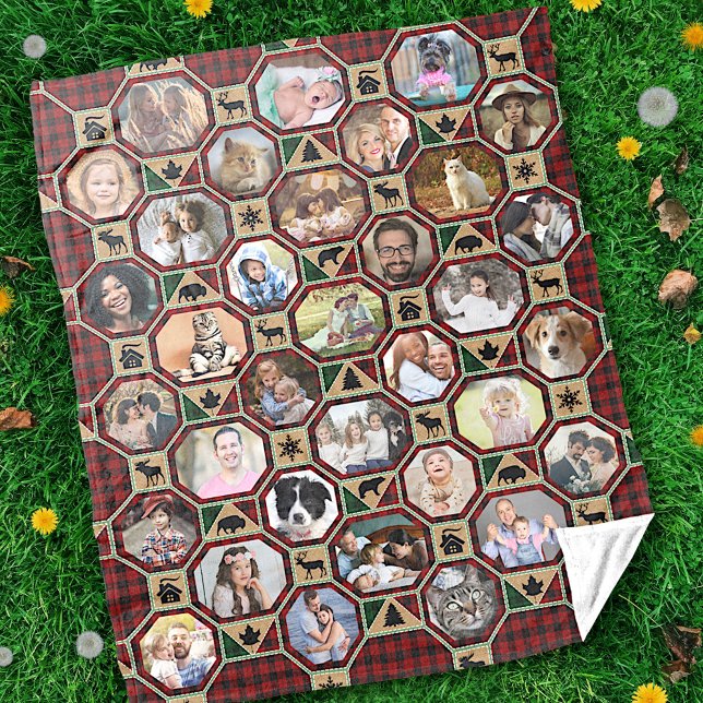 Family Photo Collage Red Black Buffalo Plaid Quilt Fleece Blanket (Creator Uploaded)