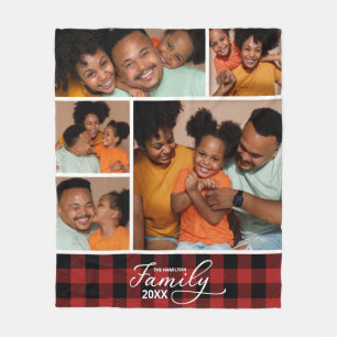 Family Photo Collage Red Buffalo Plaid  Fleece Blanket