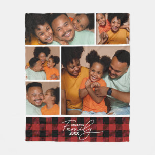 Family Photo Collage Red Buffalo Plaid  Fleece Blanket