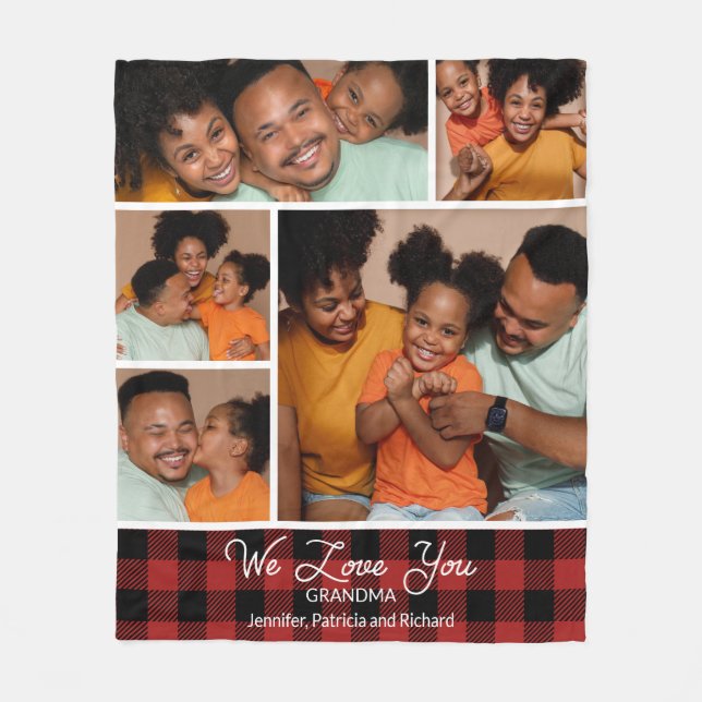 Family Photo Collage Red Buffalo Plaid  Fleece Blanket (Front)