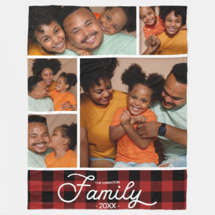Family Photo Collage Red Buffalo Plaid  Fleece Blanket
