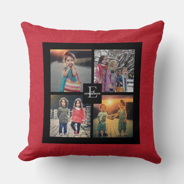 Family photo collage red burlap monogram name cushion (Front)
