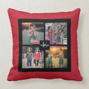 Family photo collage red burlap monogram name cushion
