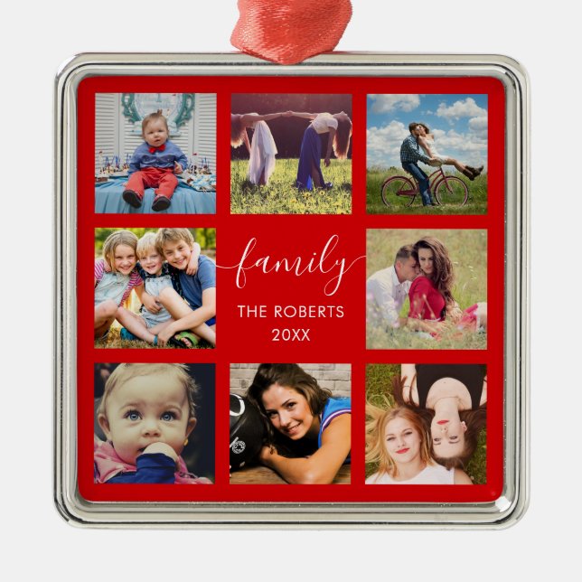 Family Photo Collage Red Custom Ceramic Ornament (Front)