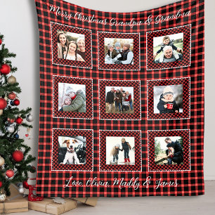Family Photo Collage Red Plaid Christmas Fleece Blanket