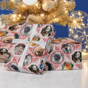 Family Photo Collage Red Quilt Look 28 Custom Pics Wrapping Paper