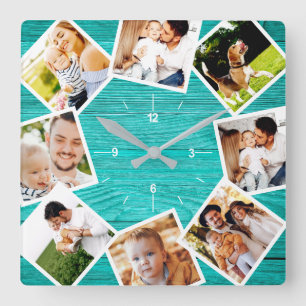 Family Photo Collage Rustic Chic Farmhouse Teal Square Wall Clock