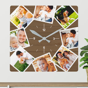 Family Photo Collage Rustic Farmhouse Brown Square Wall Clock