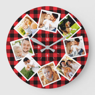 Family Photo Collage Rustic Farmhouse Buffalo Large Clock