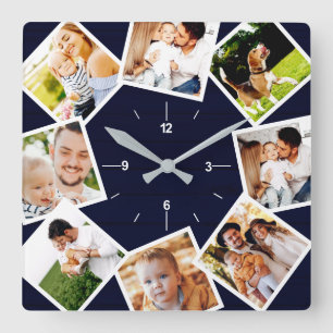 Family Photo Collage Rustic Farmhouse Dark Blue Square Wall Clock