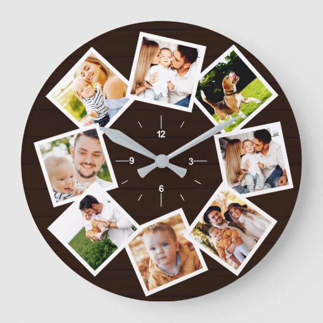 Family Photo Collage Rustic Farmhouse Dark Brown Large Clock (Front)