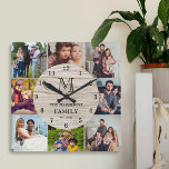 Family Photo Collage Rustic Farmhouse Monogram Square Wall Clock<br><div class="desc">Celebrate your favorite memories with this Family Photo Collage Rustic Farmhouse Monogram Square Wall Clock. This rustic farmhouse design features a pale white vintage wood grain background inspired by farmhouse cottage wood planks, creating a warm and cozy look for your home. Personalize your family name, monogram initial, and established date...</div>