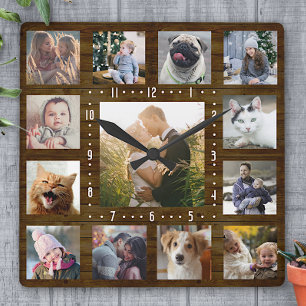 Family Photo Collage Rustic Farmhouse Wood 13 Pics Square Wall Clock