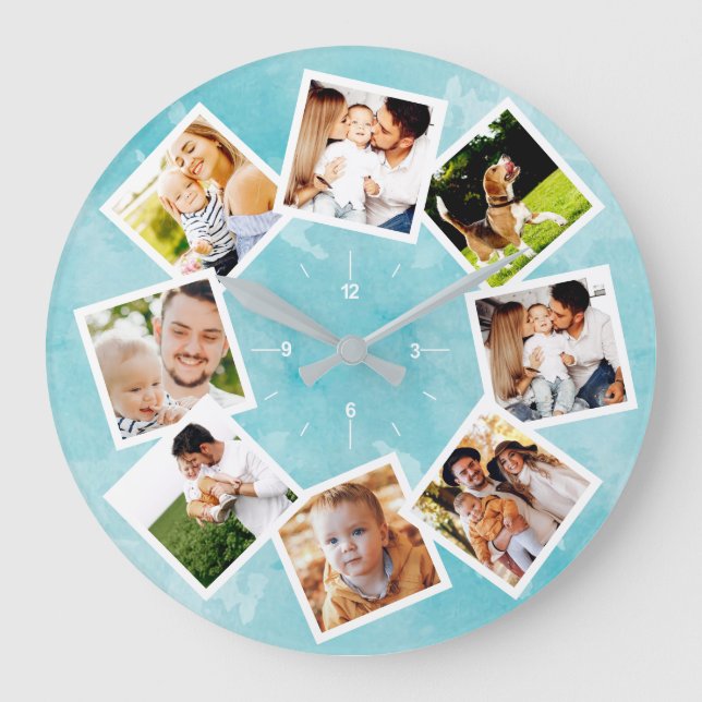 Family Photo Collage Rustic Light Blue Large Clock (Front)