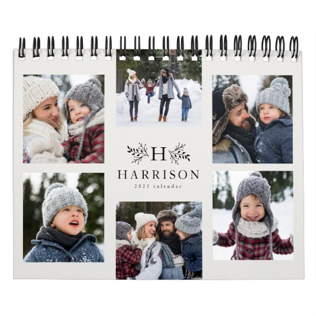 Family photo collage rustic monogram black & cream calendar (Cover)