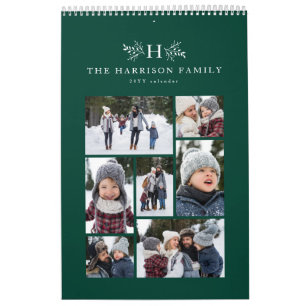 Family photo collage rustic monogram green calendar