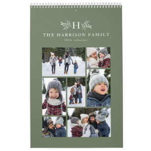 Family photo collage rustic monogram sage green calendar