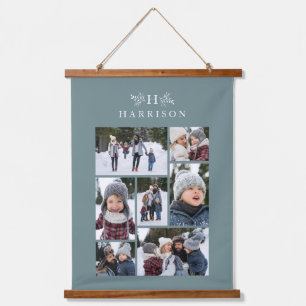 Family photo collage rustic monogram soft teal hanging tapestry