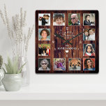 Family Photo Collage Rustic Wood Square Wall Clock<br><div class="desc">Fun, personalised design 12 space collage wall clock with your custom images on a rustic style wooden background.This great wall clock makes the perfect gift for family, friends, parents and grandparents! The clock face also features "our family" with your family name and year established with a solid white heart shape....</div>