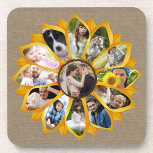 Family Photo Collage Sunflower Burlap 13 Pics Easy Coaster