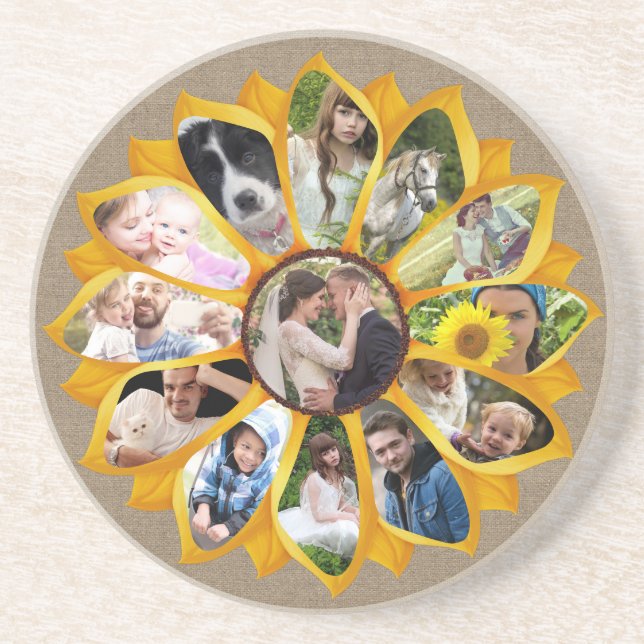 Family Photo Collage Sunflower Burlap 13 Pics Easy Coaster (Front)