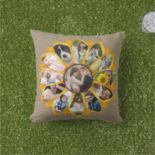 Family Photo Collage Sunflower Burlap 13 Pics Easy Cushion