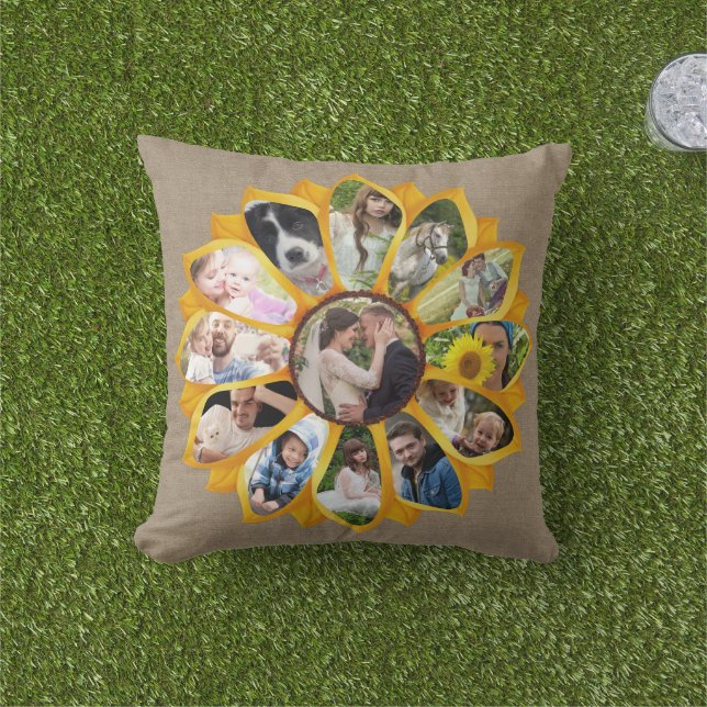 Family Photo Collage Sunflower Burlap 13 Pics Easy Cushion (Grass)